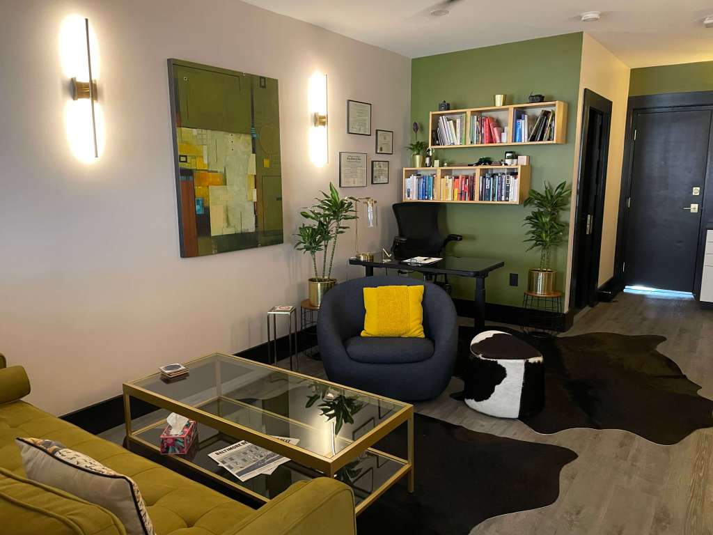 Andi Grushka's comfortable and stylish sex therapy office space where clients can have healthy conversations about a sex-positive mindset