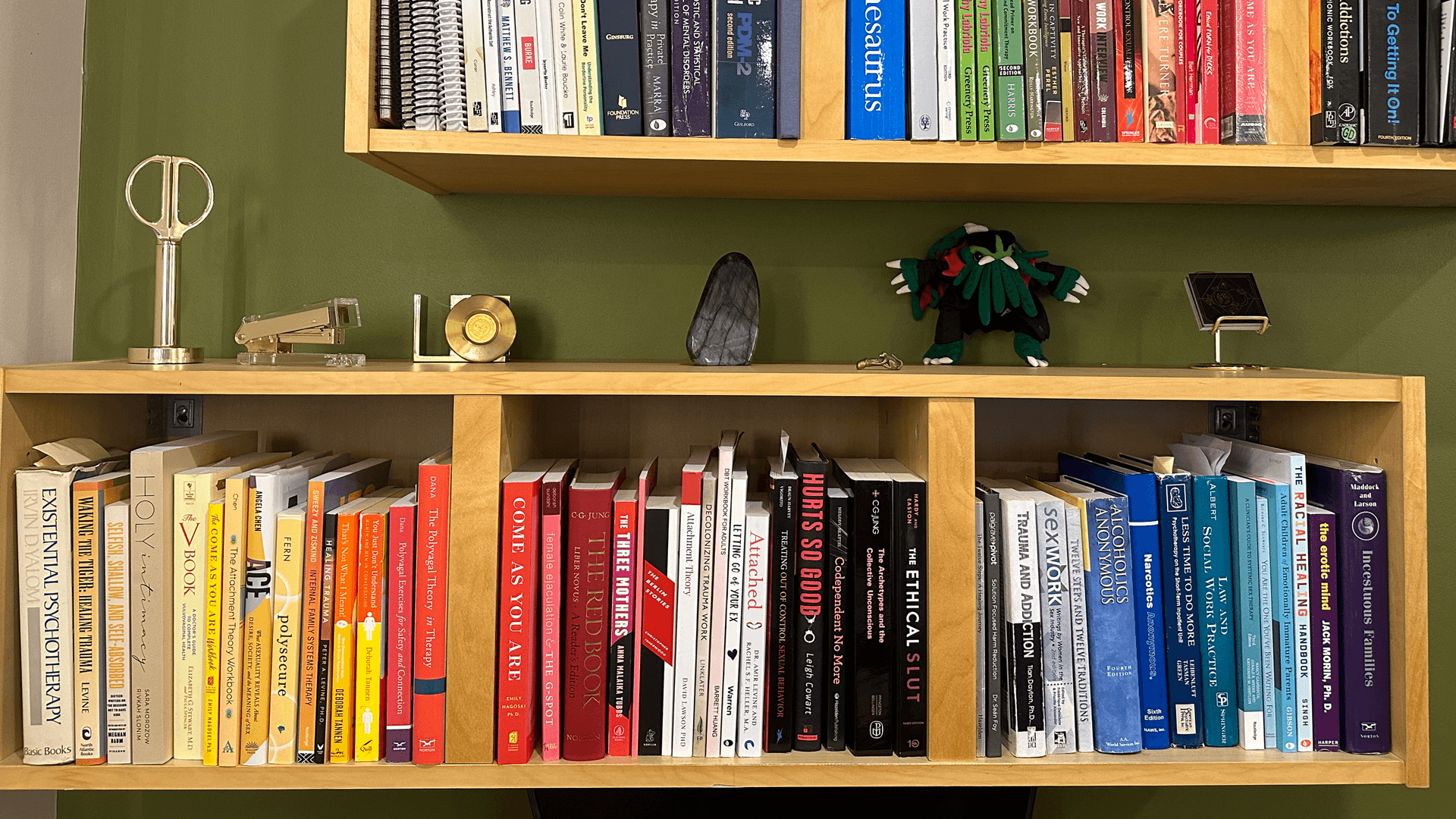 Bookshelf of the Baltimore sex Therapy office of Andi Grushka which represents the frequent questions and answers clients may have